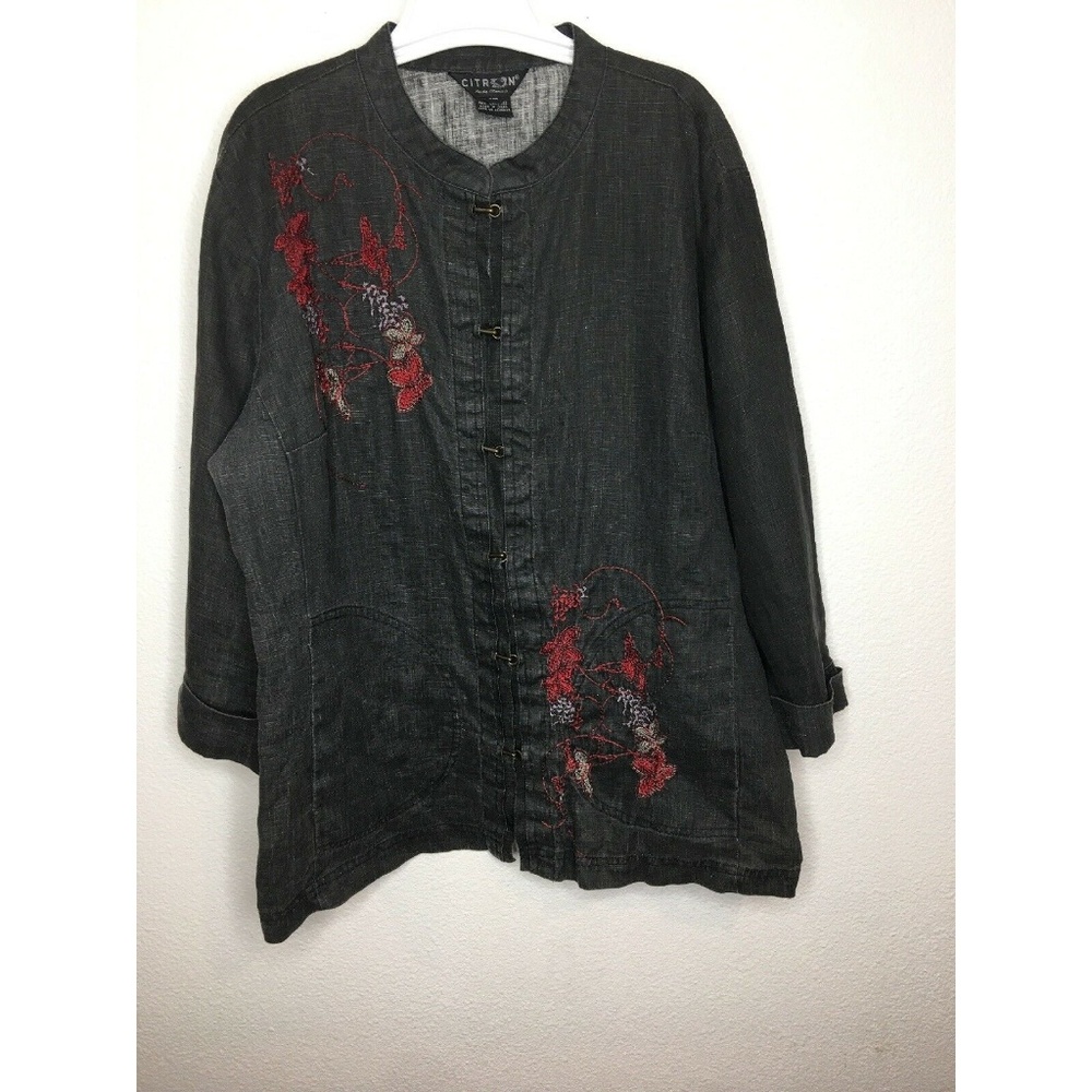 Citron Charcoal Blouse with Red Embroidery